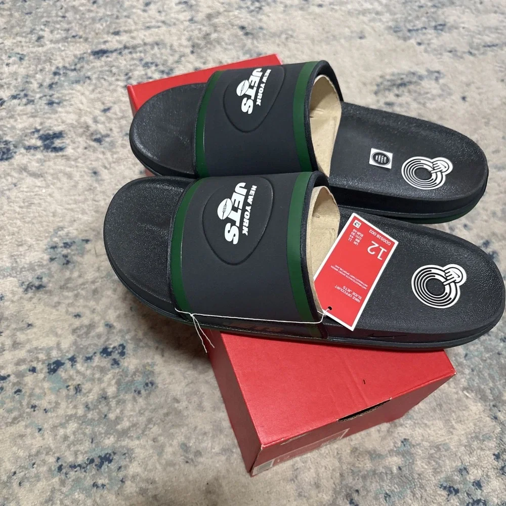 Nike Off Court Mens New York Jets Slides Size 12 Black & Green Sandals Shoes NFL
